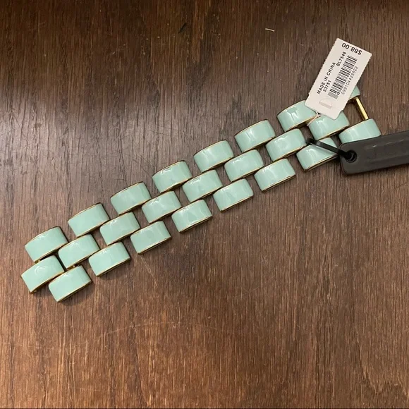 J Crew Enamel Light Blue Gold Flat Link Wide Cuff Bracelet - Picture 6 of 6